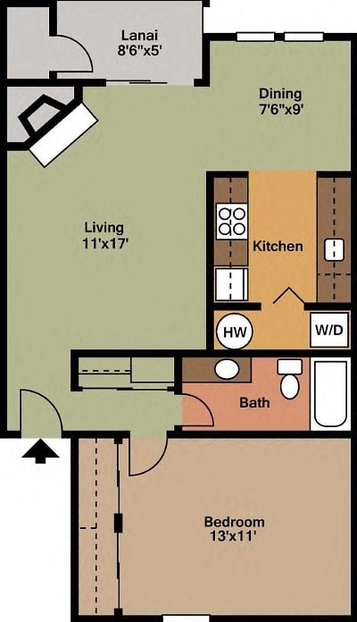 A one bedroom, one bathroom apartment floor plan at Ladera Apartments in Tukwila, Washington
